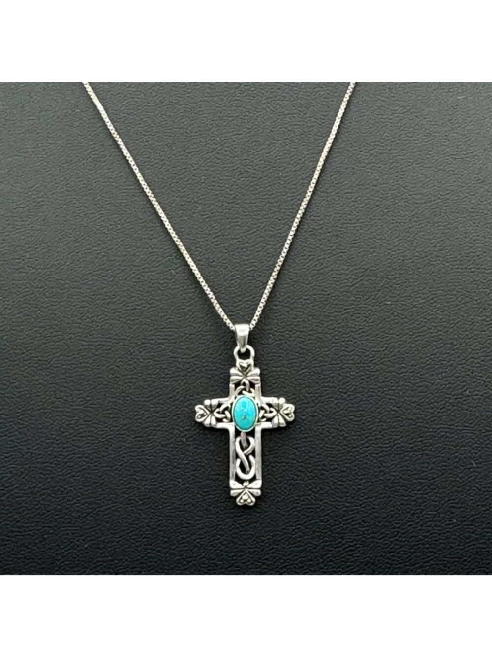 Vintage Irish Celtic Cross Sterling Pendant IRELAND Turquoise Box Chain 18